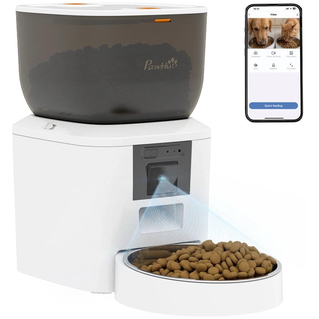 Distributore Automatico Cibo Gatti e Cani 4L WiFi 2.4G, App Controllo con Telecamera, Ciotola, Bianco