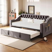 Divano letto imbottito grigio 90 x 190 cm con ricarica e vani