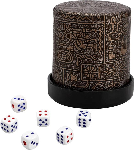 Bicchiere in pelle di alta qualità da 9 cm con decorazione - Set di dadi in pelle vera - Coppe in pelle medievale (marrone scuro) con contenuto in HTML