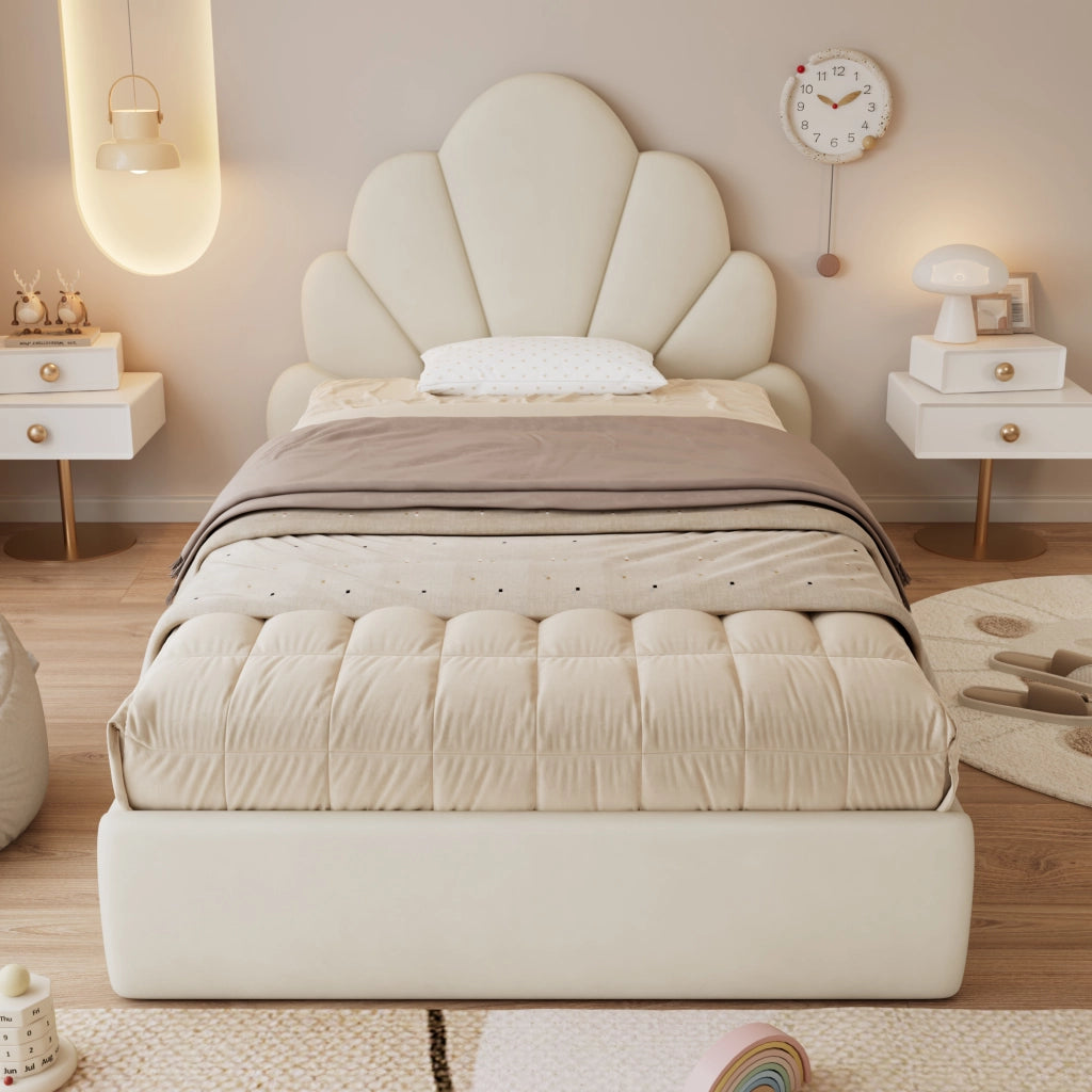 Letto singolo imbottito 90 ¡Á 200 cm con testiera a petali in velluto beige rete a doghe e tavolini laterali