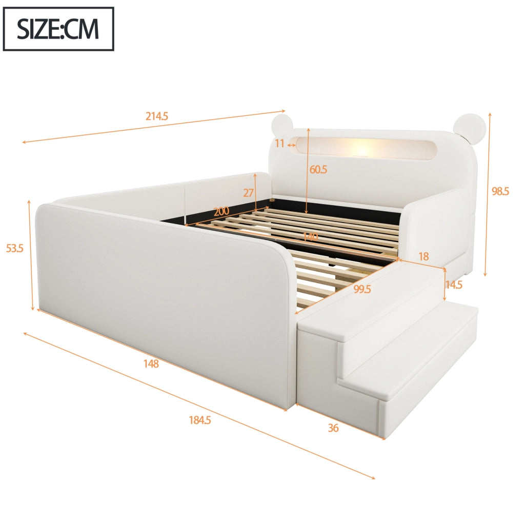 Letto imbottito per bambini 140x200 cm con testiera a orso; luce notturna; USB; contenitore; bianco