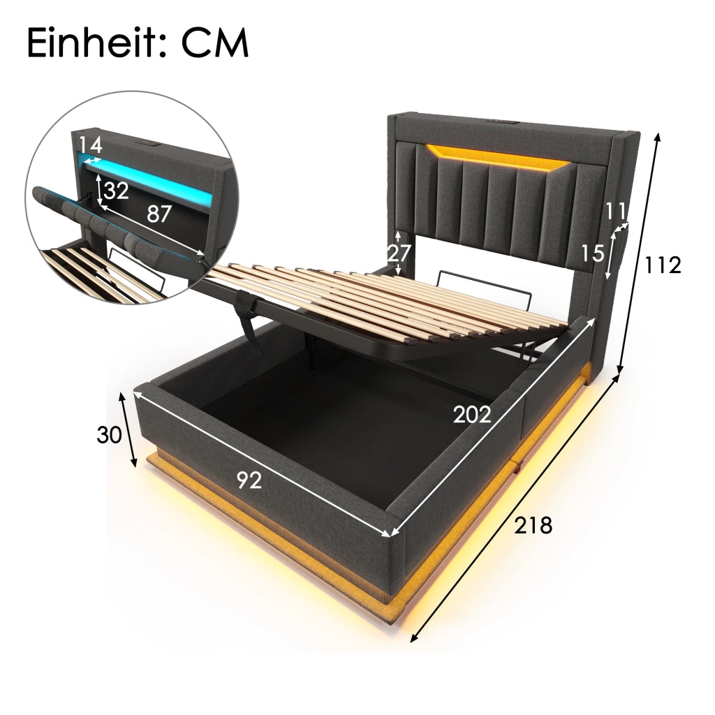 Letto singolo 90 × 200 cm con contenitore idraulico in lino grigio LED USB e porta Type-C con testiera
