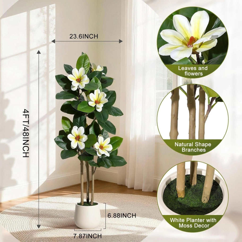 Ficus Artificiale 122 cm con Foglie Real Touch e Fiori Bianchi in Vaso