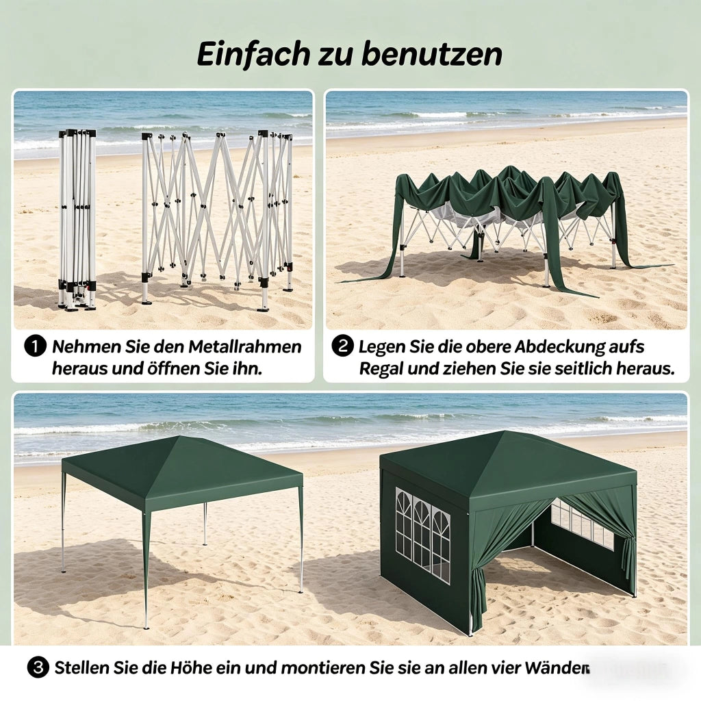 Gazebo pieghevole 3 × 3 m con pareti laterali avvolgibili; tetto Oxford 210D impermeabile verde regolabile in altezza