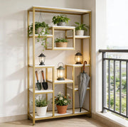 Libreria a Giorno Dorata con Design Geometrico a Cubo, 11 Ripiani, Mobile Espositivo per Libri e Piante