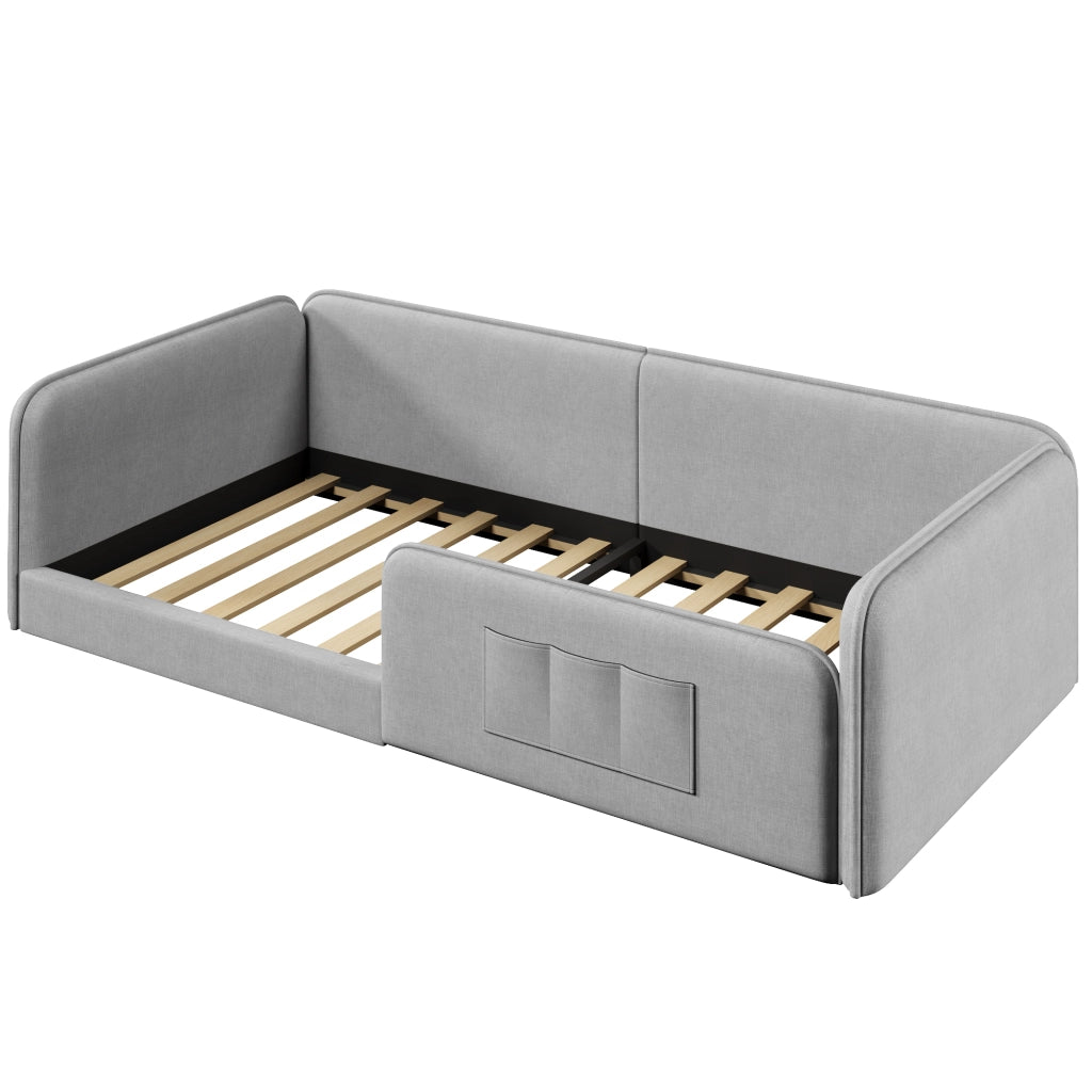 Letto per bambini 90x200 cm imbottito con tasche laterali e bordo di sicurezza; MDF e lino grigio