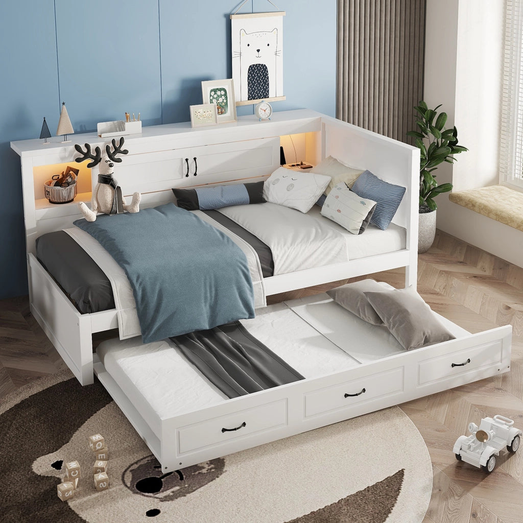 Letto divano singolo 90 × 200 cm con letto estraibile; vano contenitore; LED; presa e USB; senza materasso; bianco
