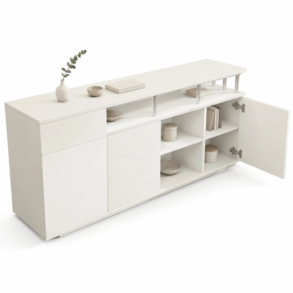 Credenza 160x40x75 cm bianca in MDF con LED, 4 cassetti e 2 ante HAVRYA