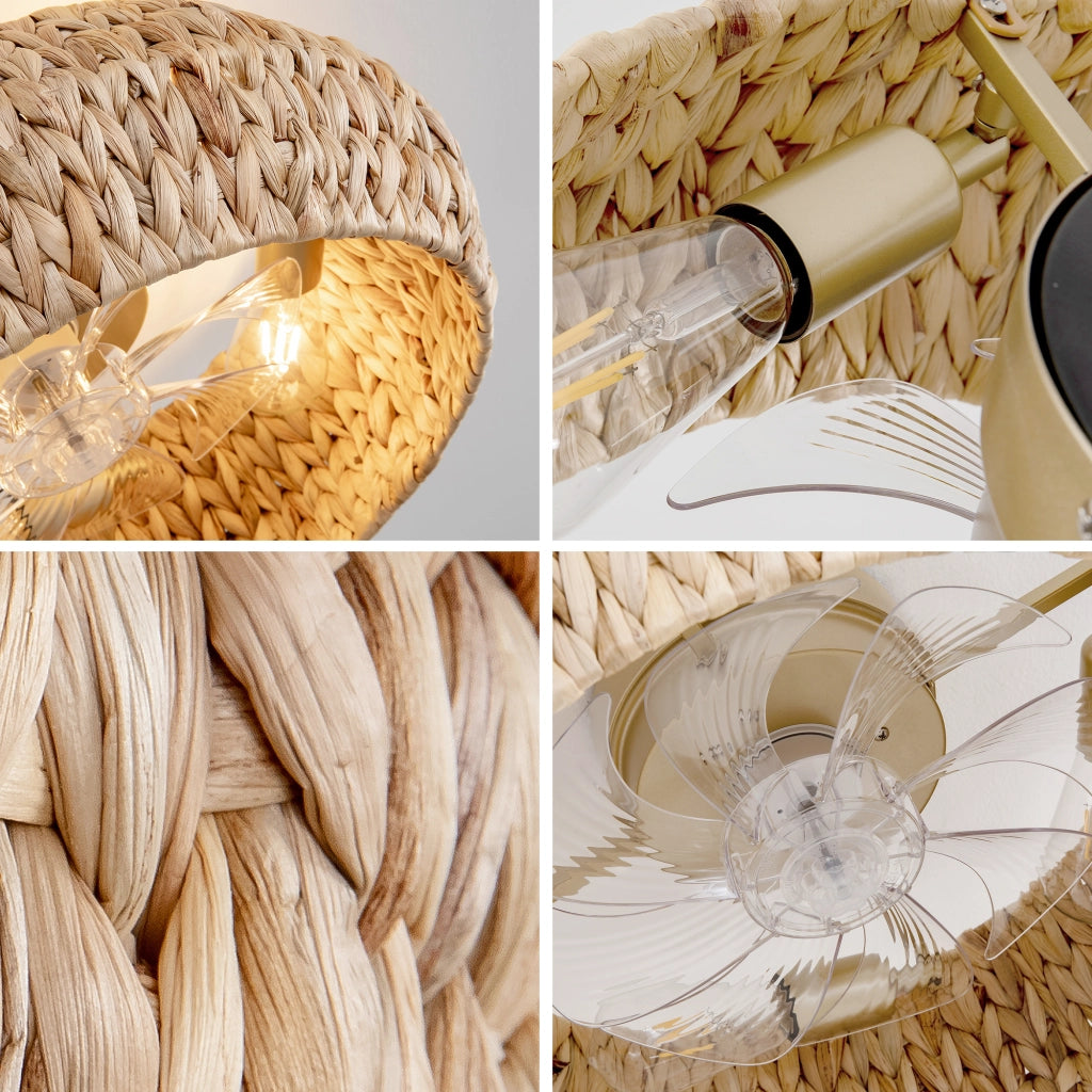 Lampada ventilatore da soffitto in rattan color rame con app e telecomando