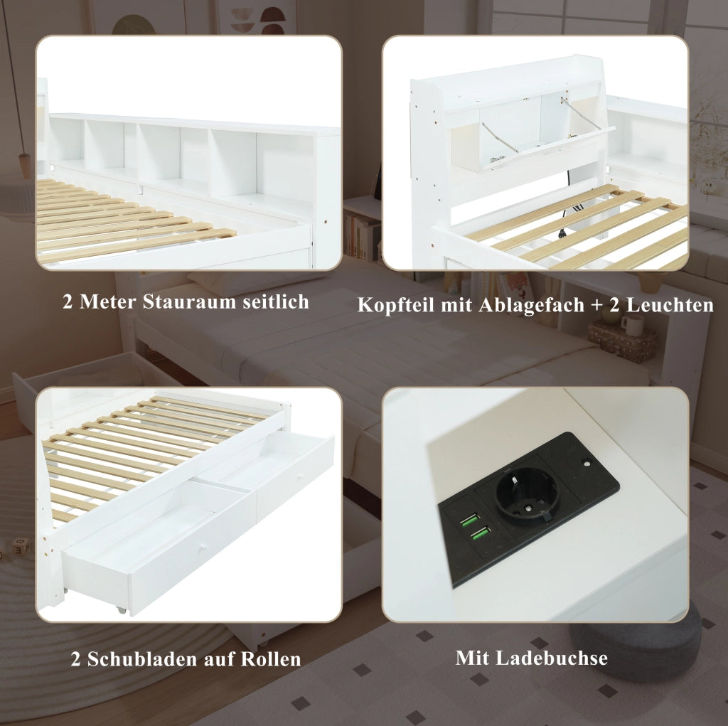 Letto singolo 90x200 cm con testiera contenitore e luci