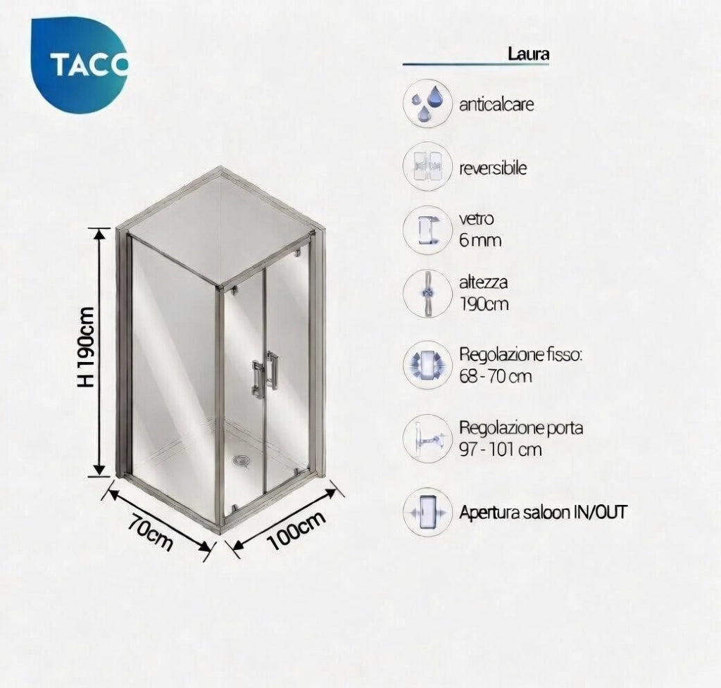 Box Doccia 2 lati 70x100 cm fisso + due battenti h190cm LAURA - Cromato Lucido