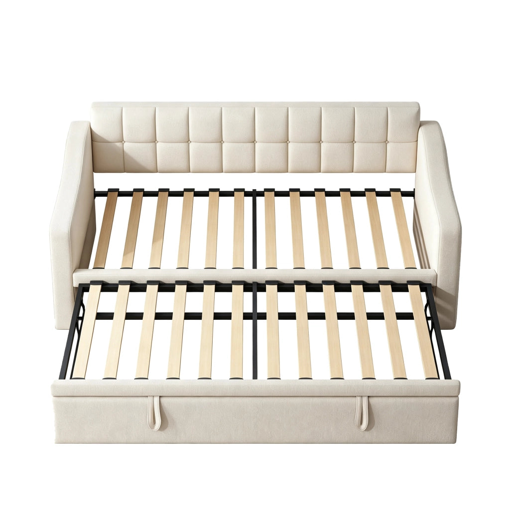 Letto imbottito estraibile 90x190 cm in velluto beige con porte USB e struttura in metallo