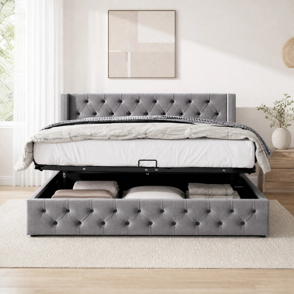 Letto matrimoniale 160x200 cm con contenitore idraulico in velluto; grigio
