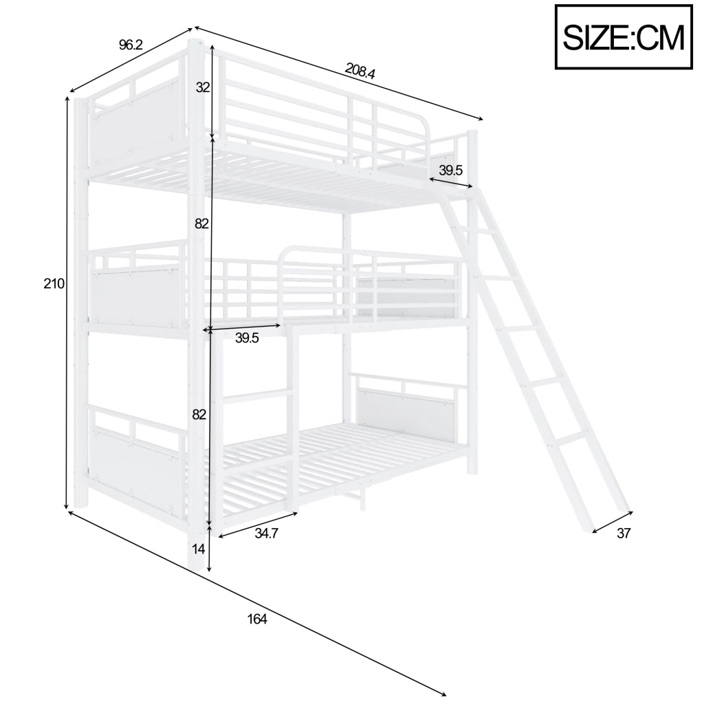 Letto a castello triplo 90x200 cm trasformabile in metallo e legno bianco