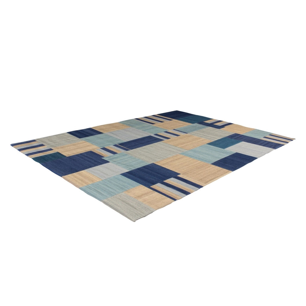 Tappeto Kilim Intenso 300 in Lana e Cotone Blu e Beige