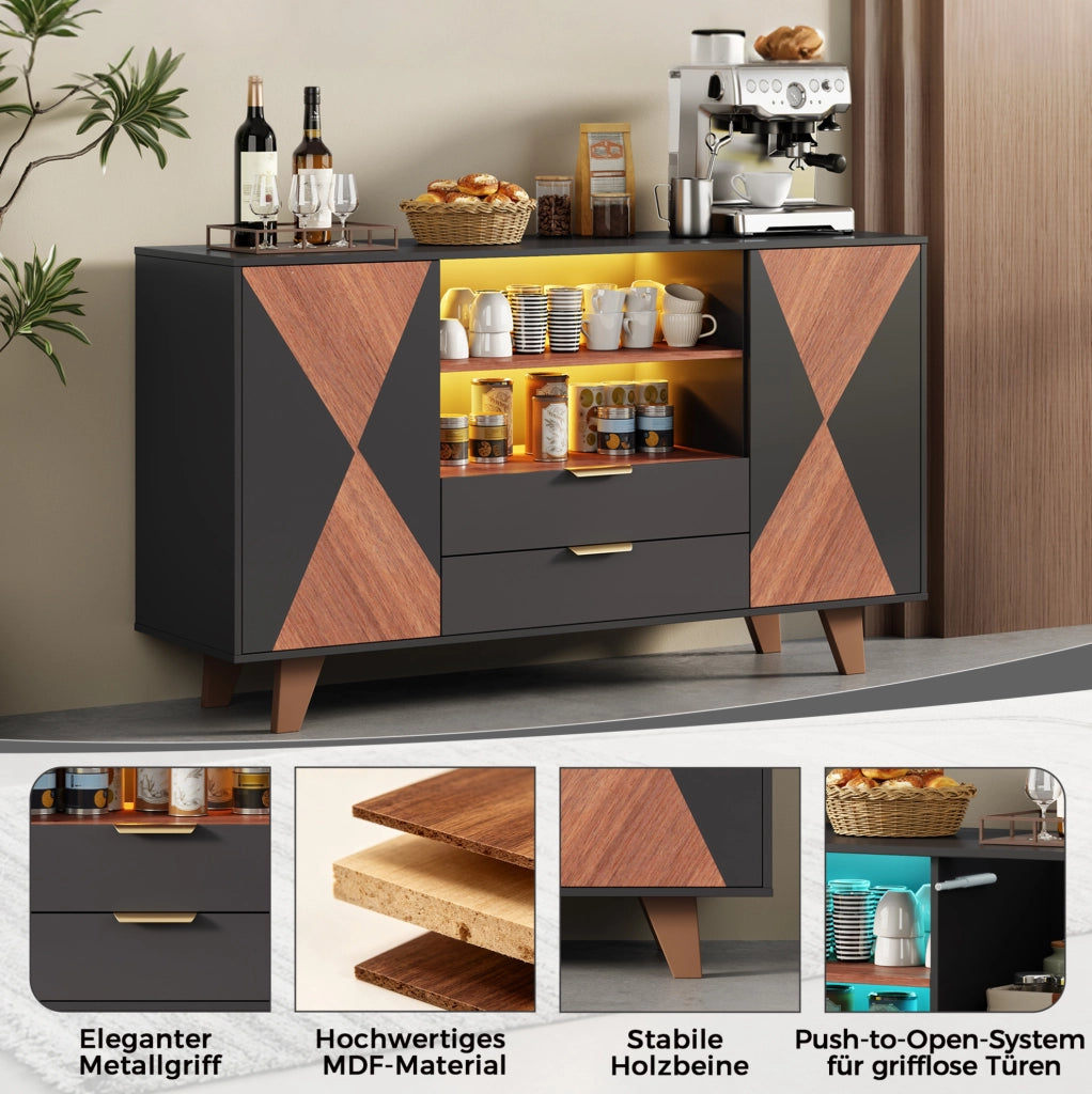 Credenza da cucina 150x40x90 cm con LED RGB; 2 cassetti e ripiani regolabili in MDF; naturale e nero