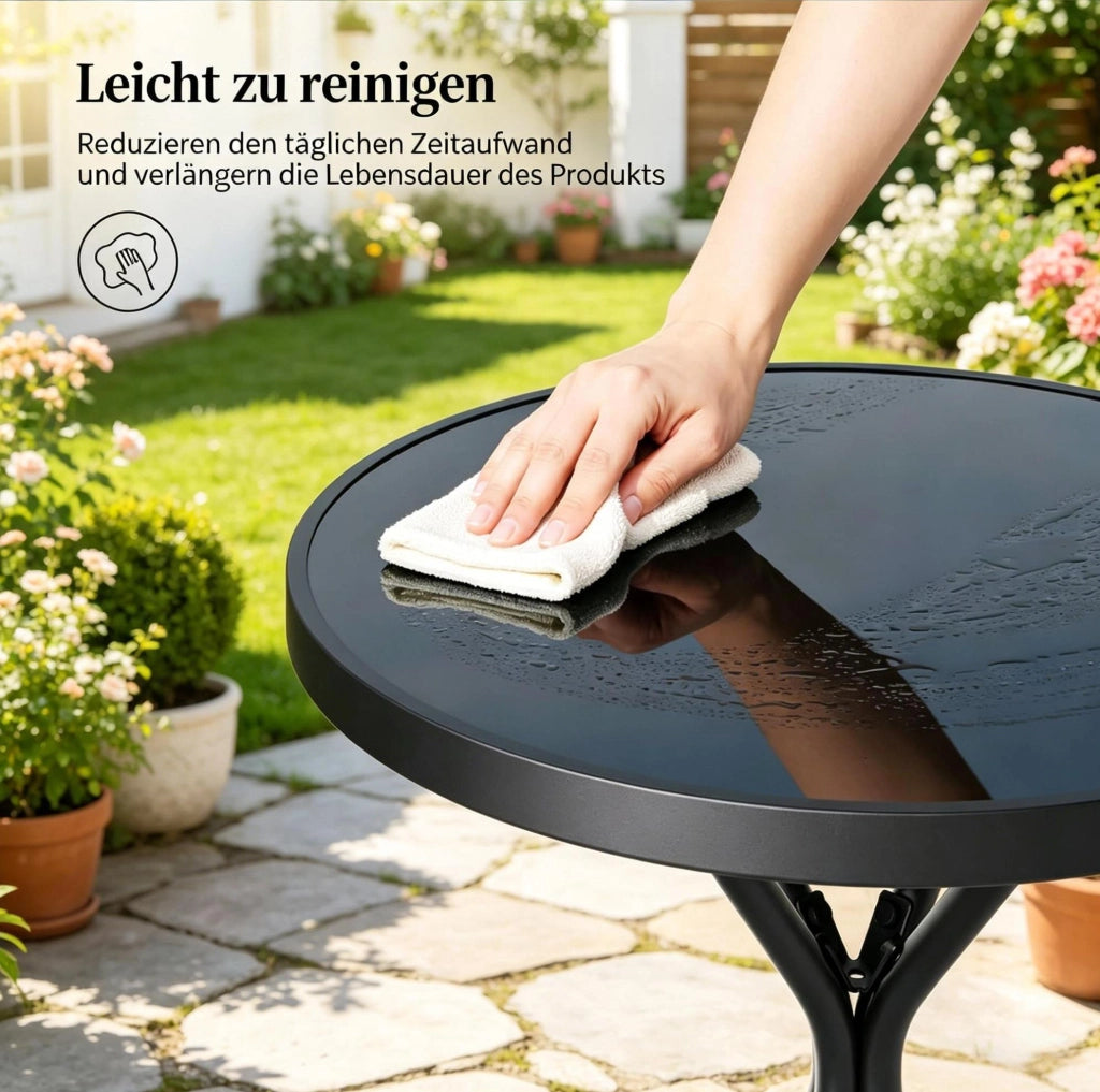 Set da giardino 3 pezzi nero in ferro, vetro e PP, tavolo rotondo 60 x 70 cm