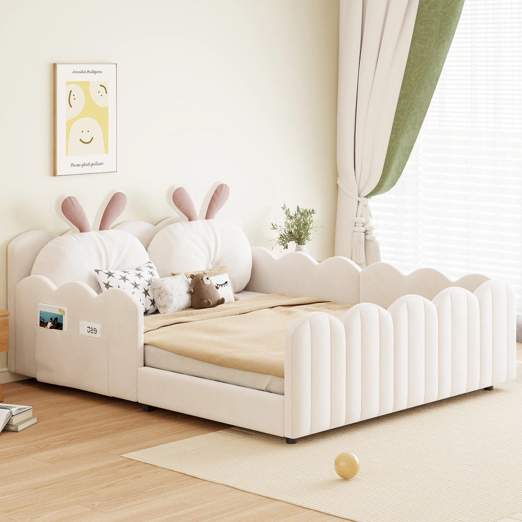 Letto imbottito 140 × 200 cm con sponde di protezione e cuscino a orecchie di coniglio beige
