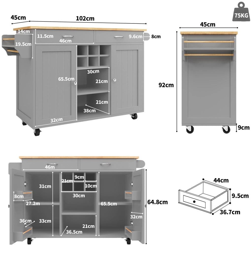Isola da cucina con ruote e portabottiglie 102x45x92 cm in MDF e metallo grigio