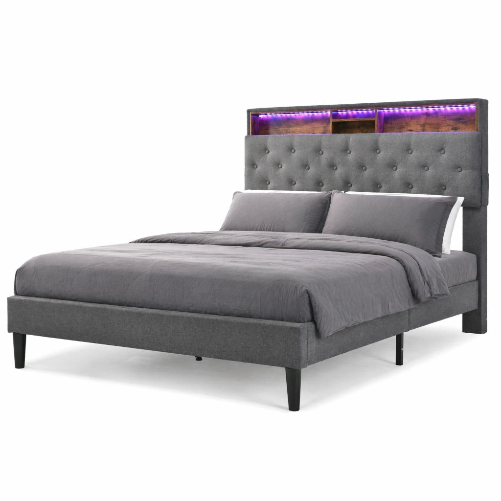 Letto matrimoniale imbottito 140 ¡Á 200 cm con materasso a molle tasca testiera contenitore LED grigio