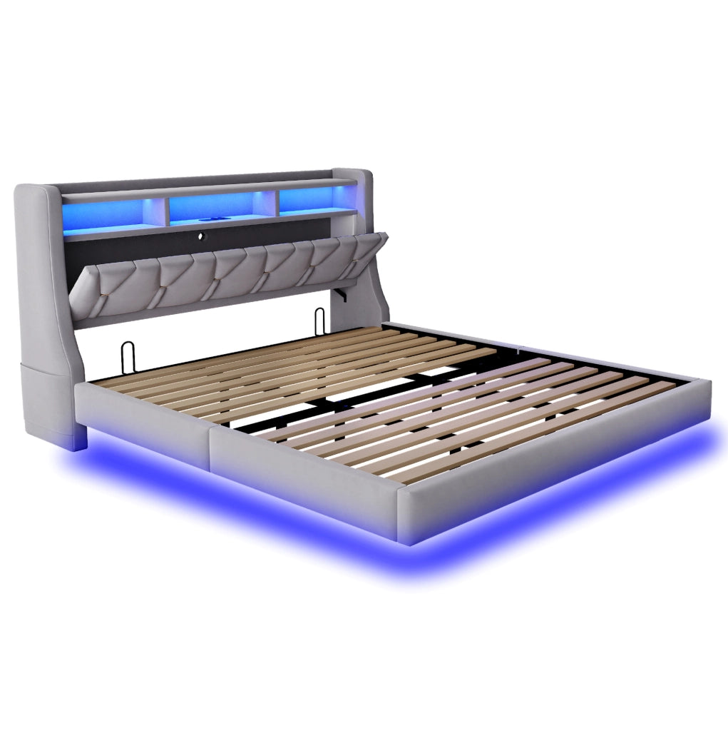 Letto imbottito 180x200 cm con testiera multifunzione, LED e prese integrate