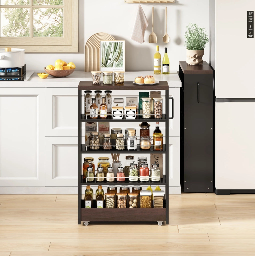 Carrello portatutto stretto 55x20x85 cm in MDF nero/marrone su ruote per cucina