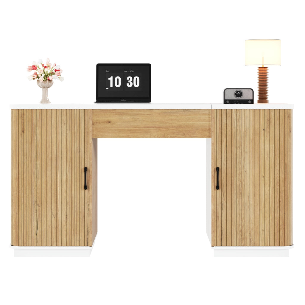 Scrivania regolabile in altezza 140 x 50 cm con 2 cassetti e vani aperti; bianco e rovere