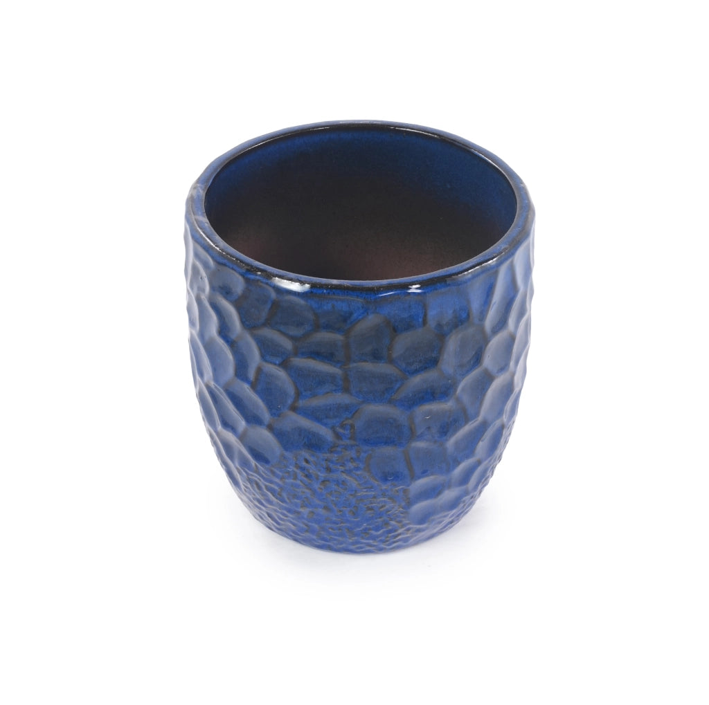Vaso in Ceramica Smaltata Blu Scuro Ø22,5 cm con Motivo a Martellatura per Piante Grasse e Piante da Interno