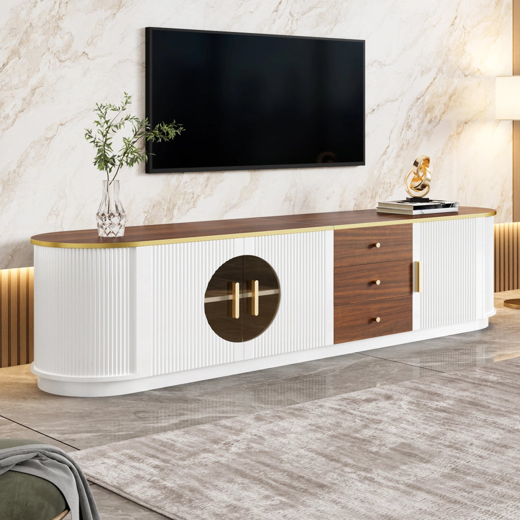 Mobile TV con 3 cassetti e 3 ante; vetro marrone; MDF bianco e gestione cavi 180 × 40 × 46 cm