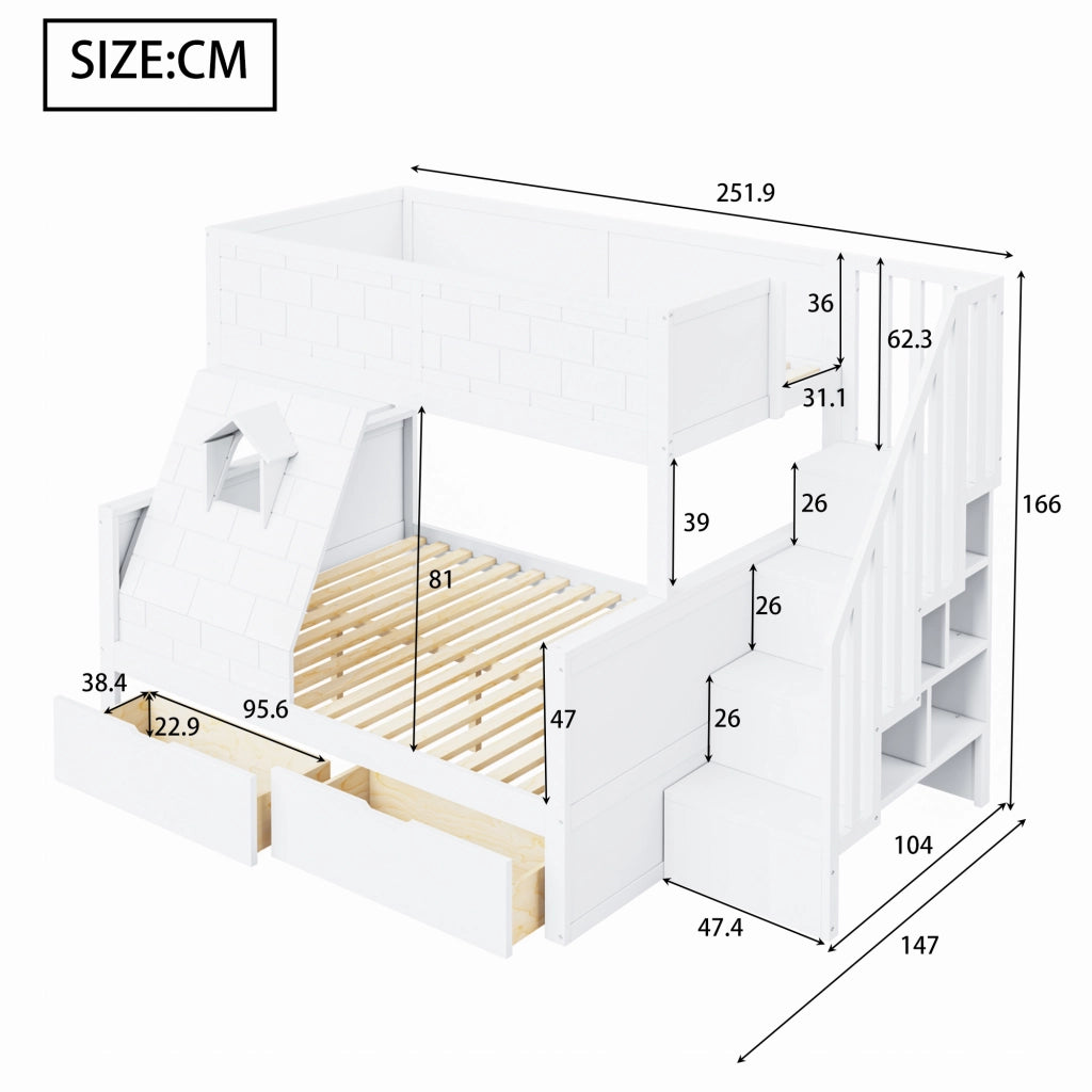 Letto a castello con scala di sicurezza cassetti e finestra legno bianco 90x200 140x200 cm