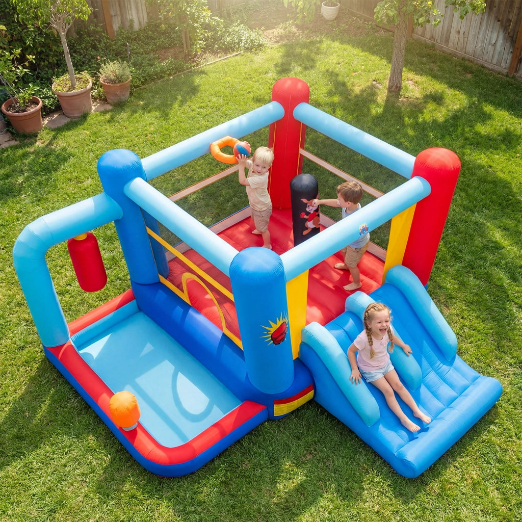 Castello gonfiabile per bambini con accessori gioco, Doppio scivolo piscina palline canestro basket sacchi pugilato 550W 3-12 anni