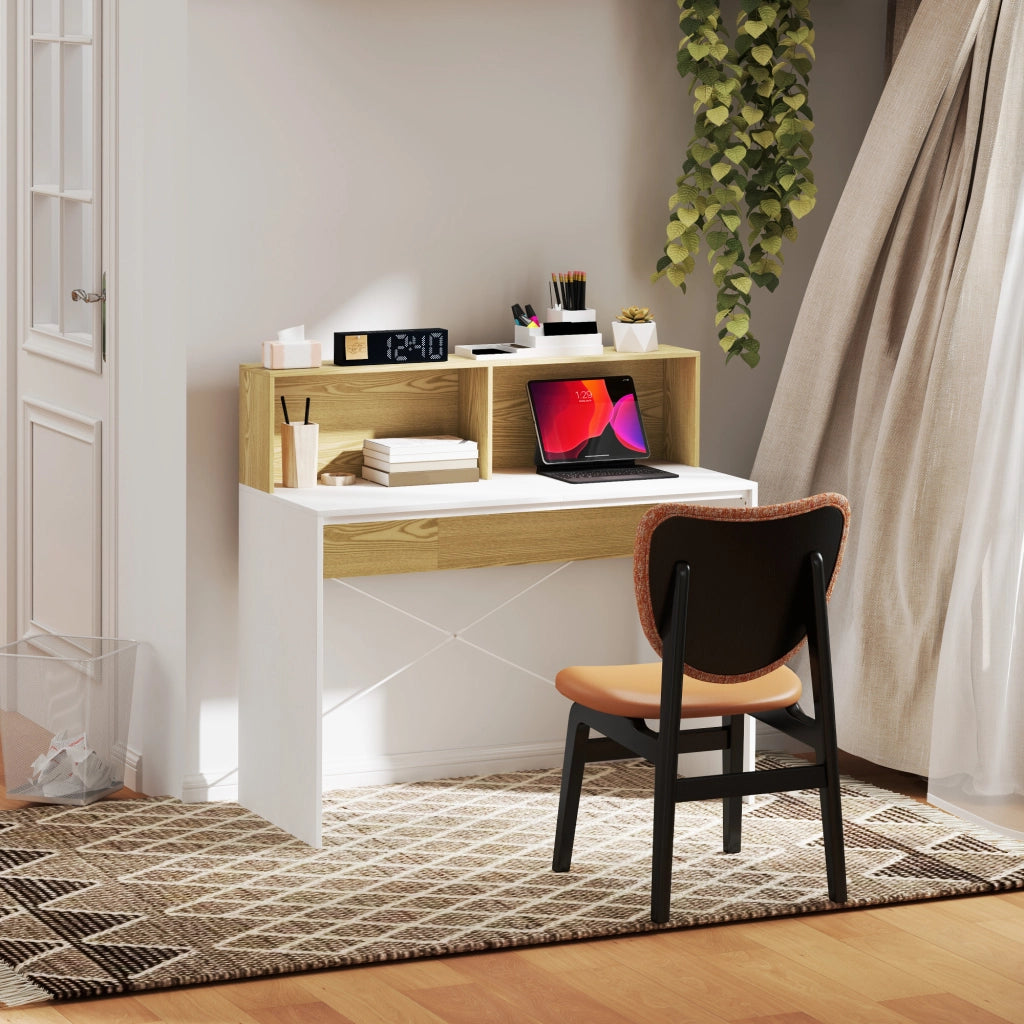 Scrivania con scaffale e ripiani ¨C Minimal ¨C Bianco e legno 110x50x102,6 cm