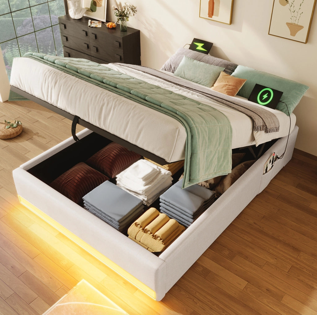 Letto imbottito 90x200 cm beige con LED, USB/Type-C e vano contenitore