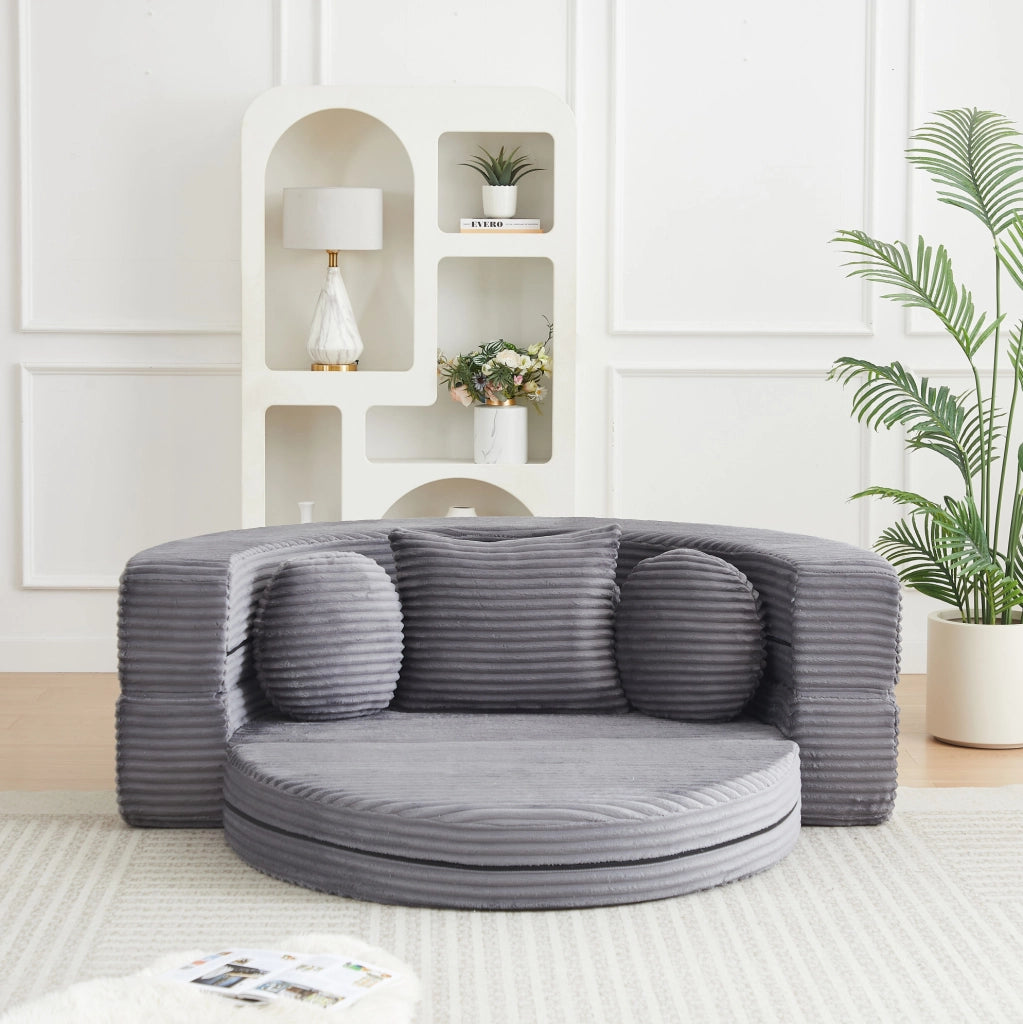 Divano letto 4-in-1 in tessuto a coste, convertibile in chaise longue rotonda, ideale per spazi compatti