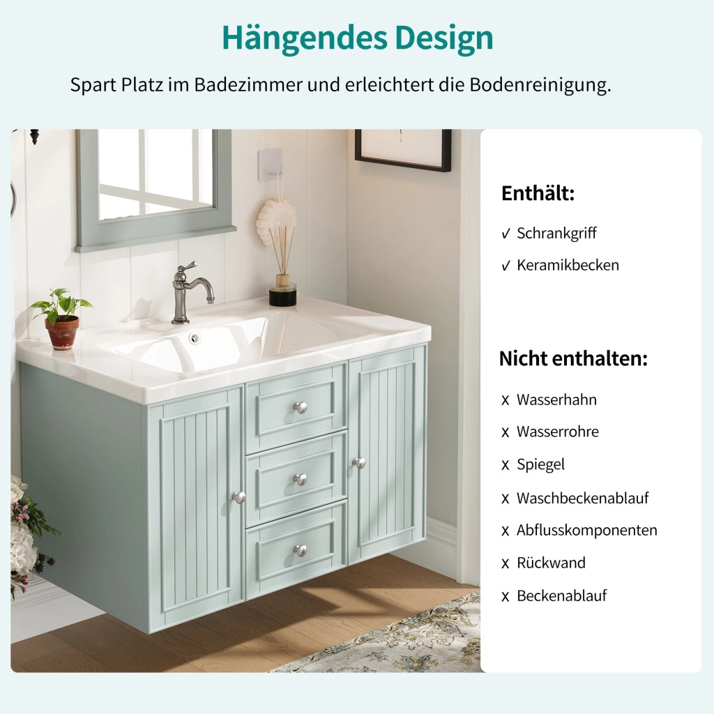 Mobile lavabo sospeso con lavabo in ceramica 78,5 × 46 × 46,8 cm con cassetti e vano contenitore in MDF verde