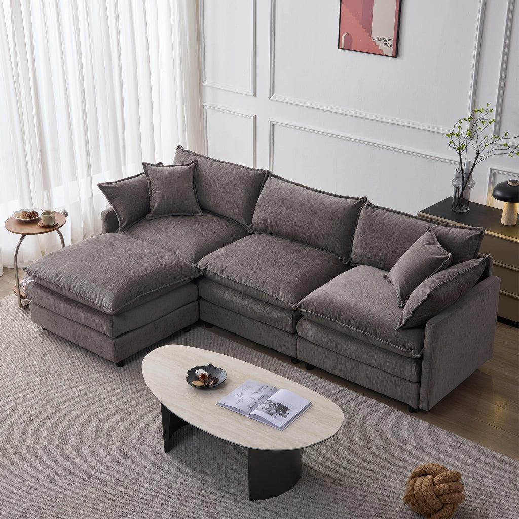 Divano angolare modulare 3 posti con pouf mobile e 2 cuscini, in ciniglia, grigio