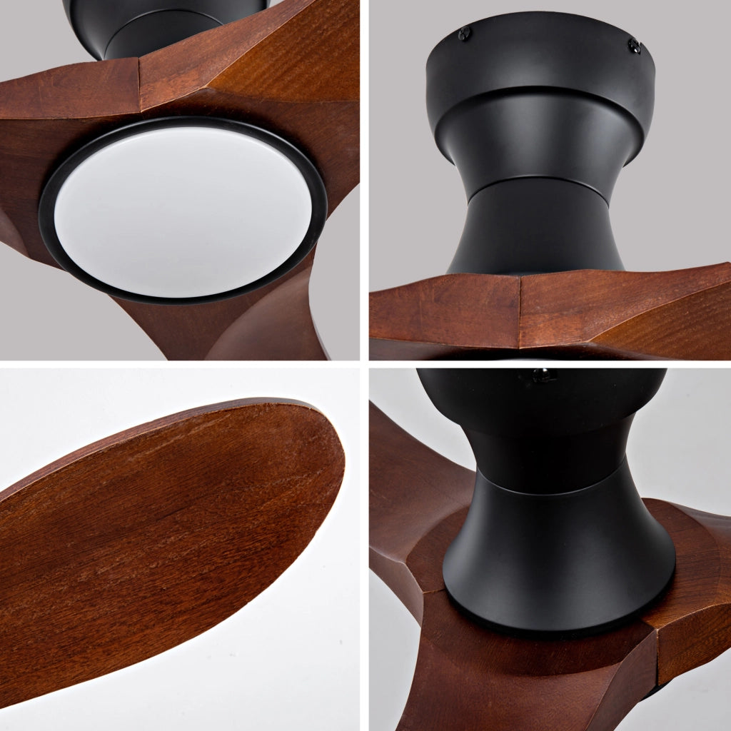 Ventilatore da soffitto 42" con LED dimmerabile; 3 pale in legno massello; nero e noce scuro