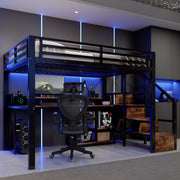 Letto a soppalco 140x200 cm con LED; USB e Type-C; scala con armadio e ripiani; metallo e MDF nero