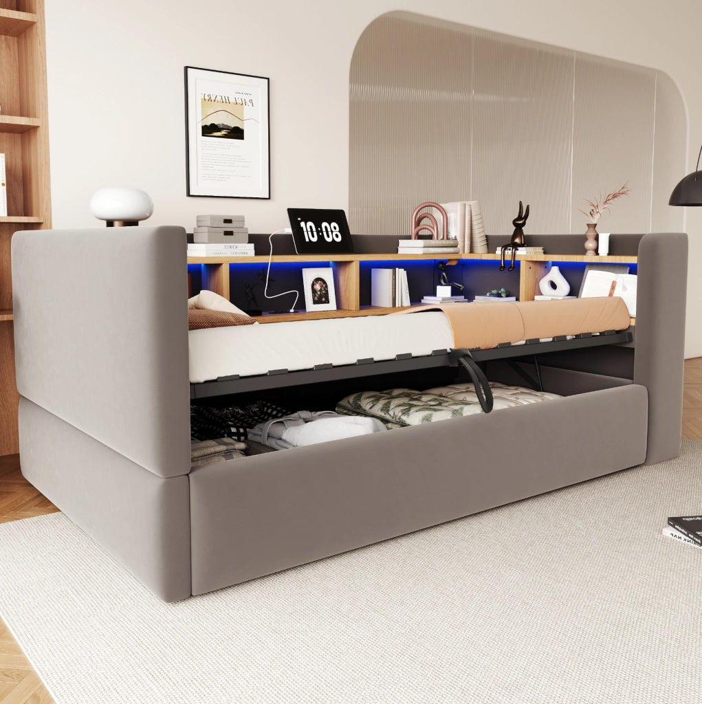 Divano letto imbottito 90x190 cm con LED, prese e vano contenitore