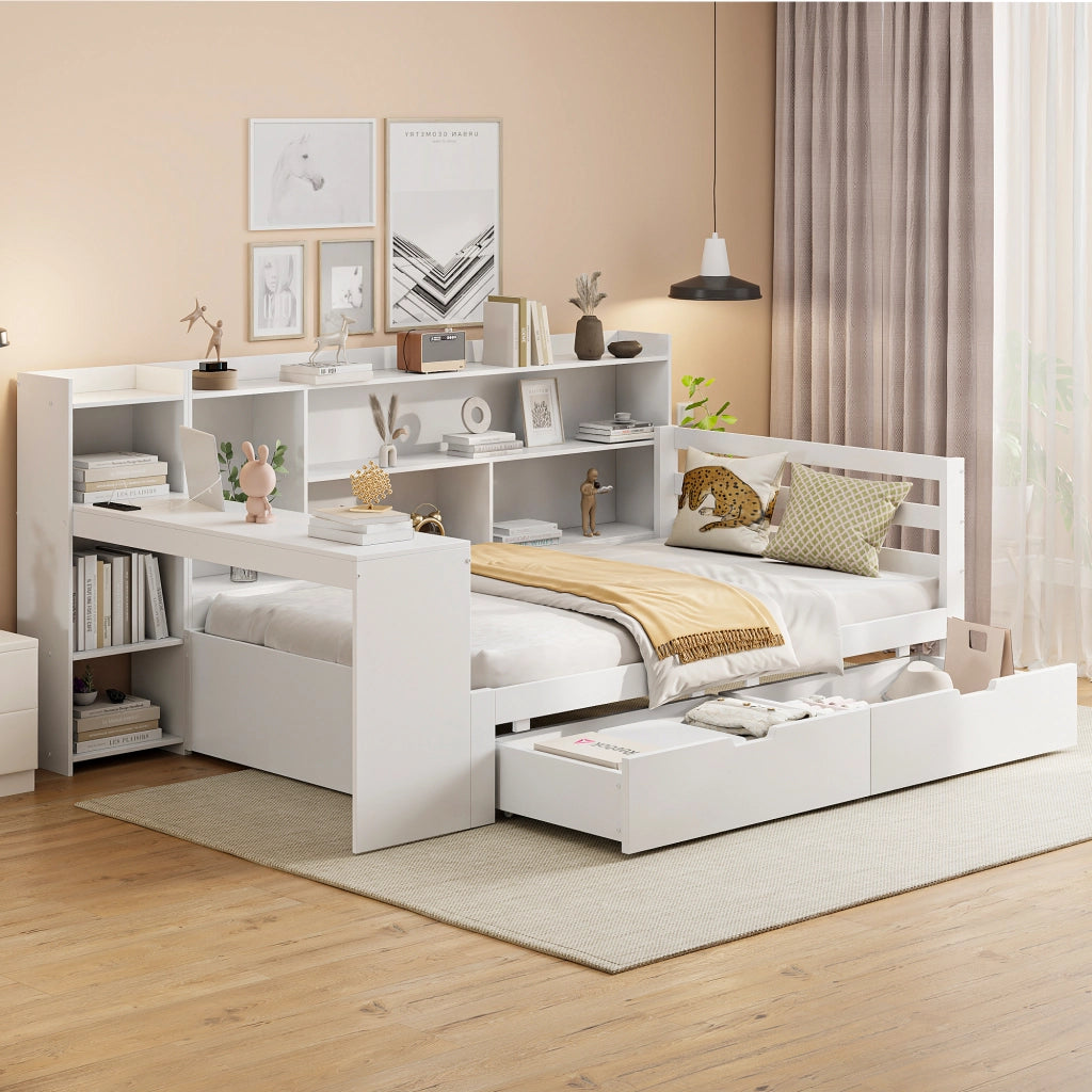 Divano letto in legno massello con scrivania e libreria, letto multifunzione 90x200 cm bianco