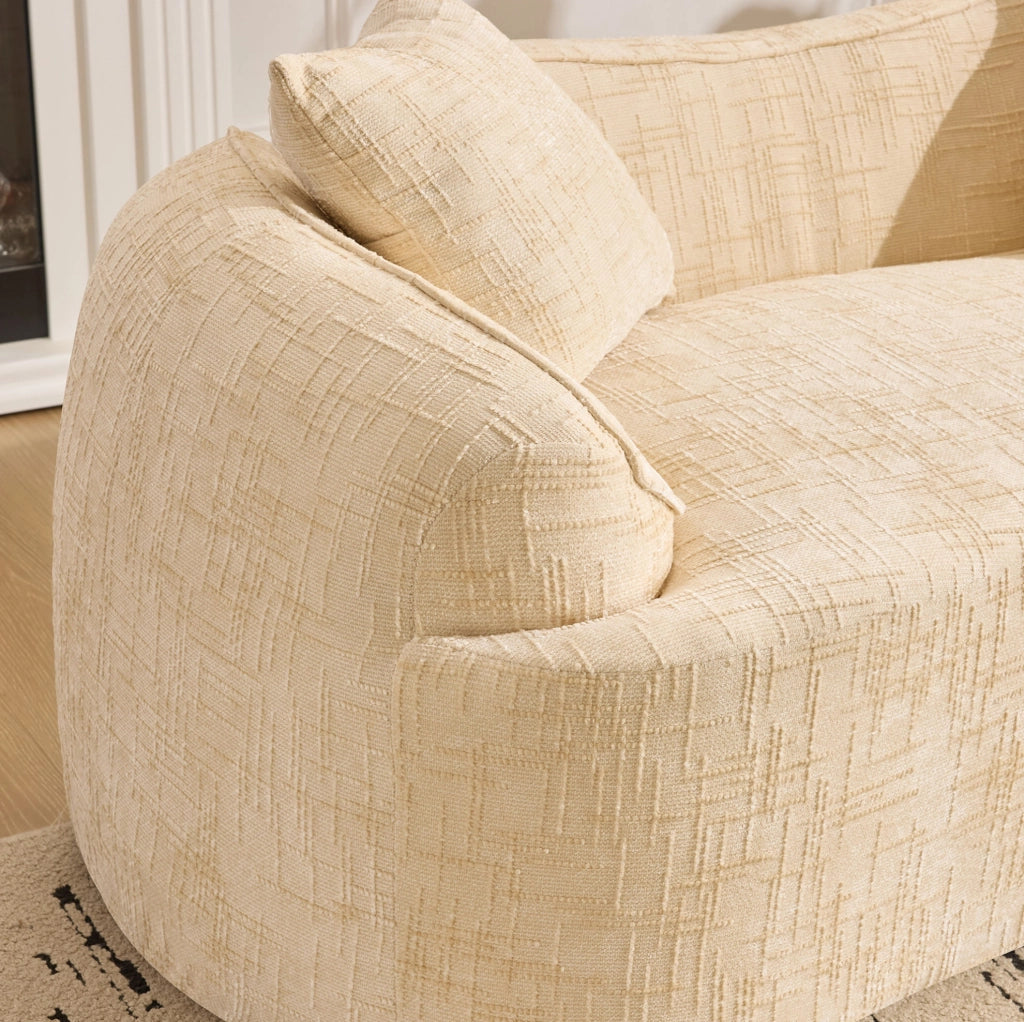 Divano curvo 2 posti con braccioli e 2 cuscini; beige