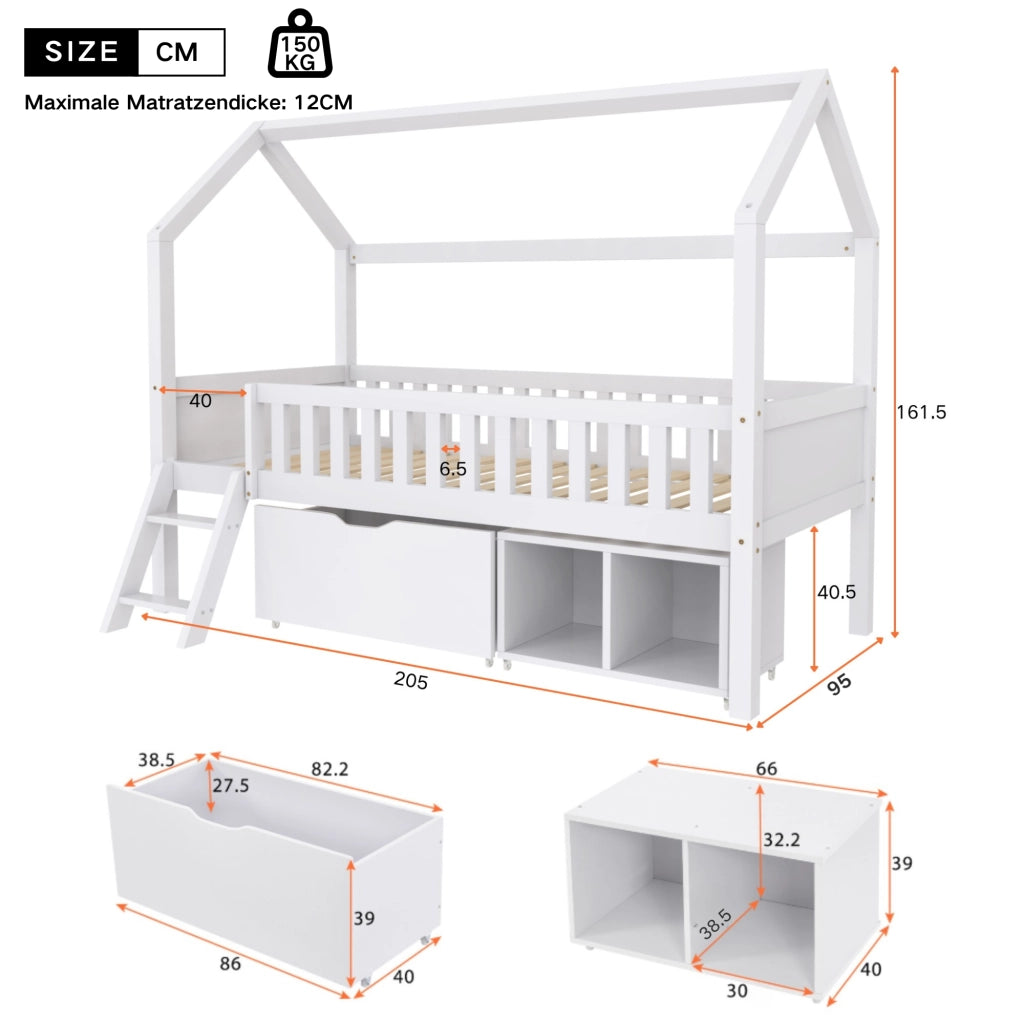 Letto a casetta 90 × 200 cm con cassetti e vani portaoggetti in legno bianco con scala e barriera anticaduta