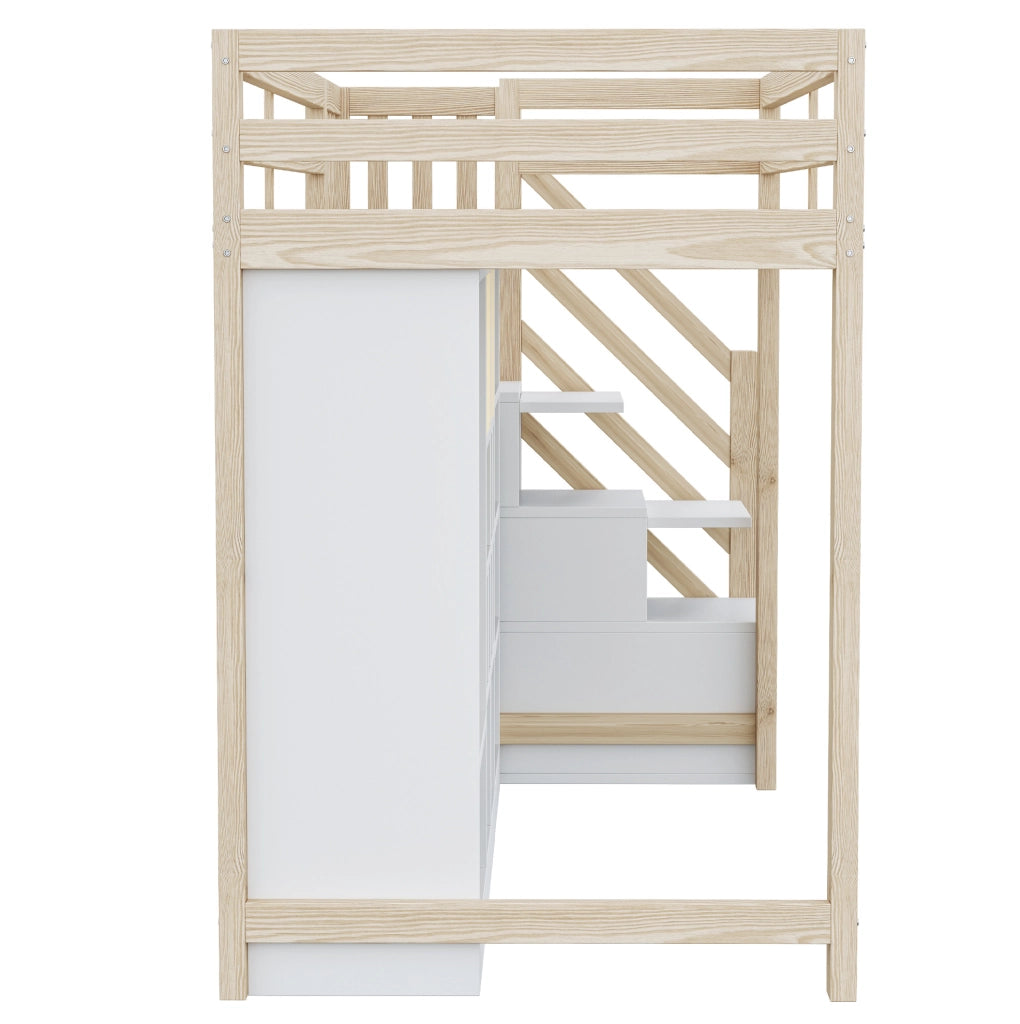 Letto a soppalco 90x200 cm in legno di pino con armadio integrato, ripiani, scala laterale con contenitori e illuminazione LED