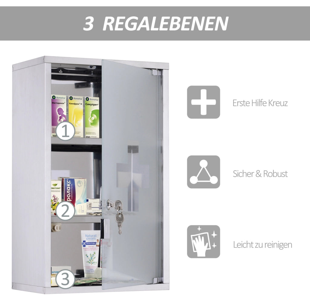 Armadio Medicina in Acciaio Inox con Serratura, 30x12x60 cm, Porta in Vetro Satinato con Croce di Primo Soccorso