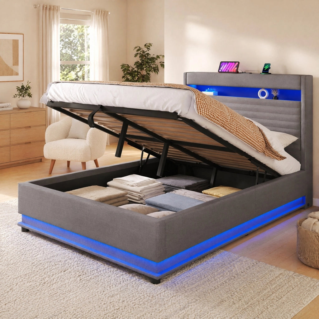 Letto contenitore 140 × 200 cm con vano idraulico testiera imbottita LED USB Type-C in lino grigio