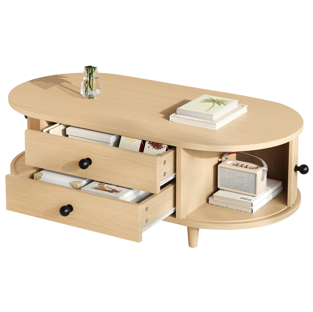 Tavolino da salotto 100x50 cm con 2 cassetti e ante avvolgibili; MDF effetto legno naturale HOMVRA