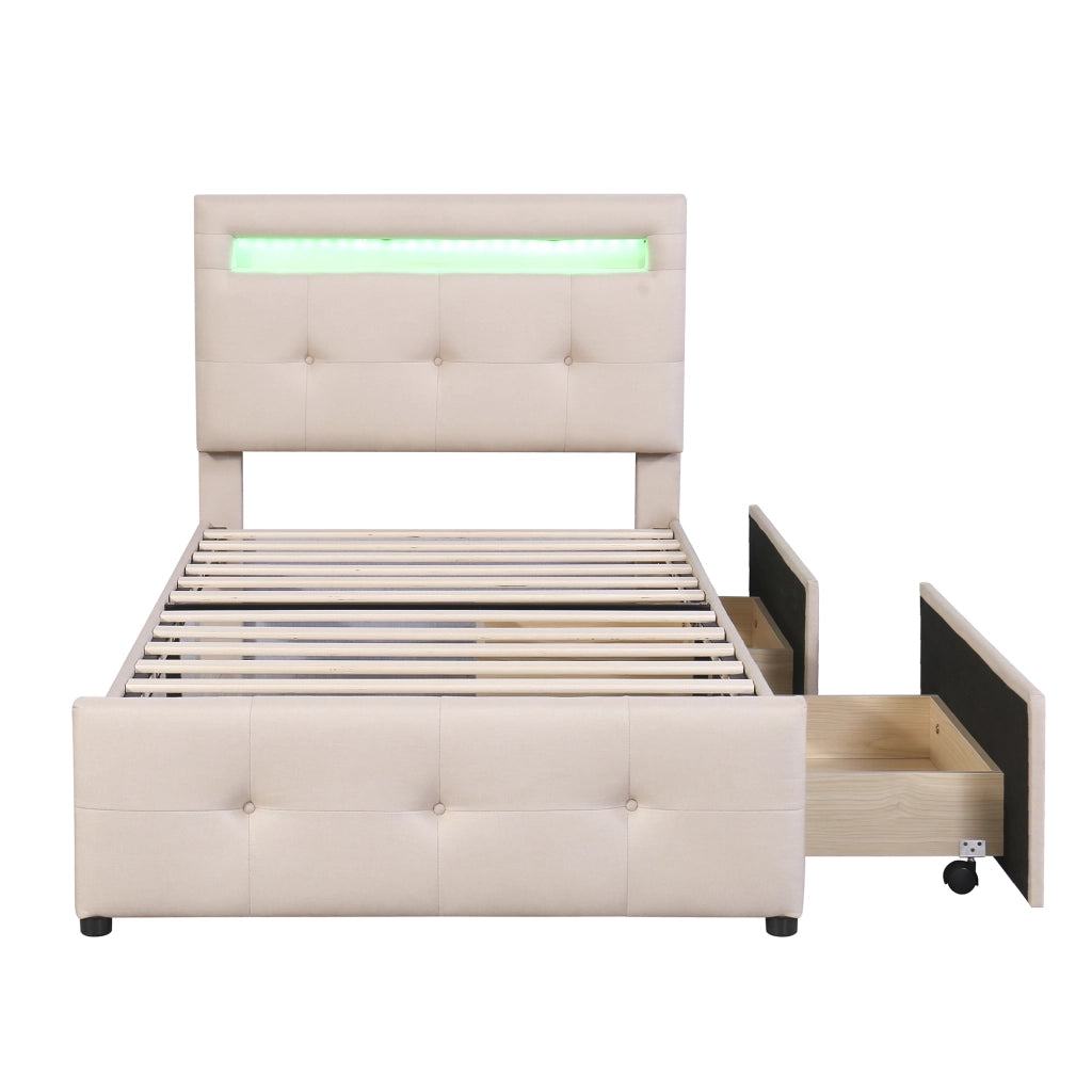Letto per bambini 90x200 cm imbottito beige con LED; 2 cassetti e testiera regolabile