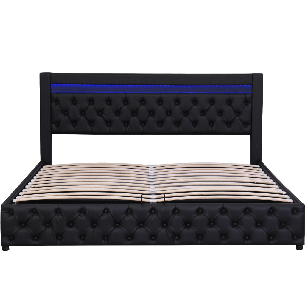 Letto imbottito 180x200 cm con contenitore; rete a doghe e LED; nero PU