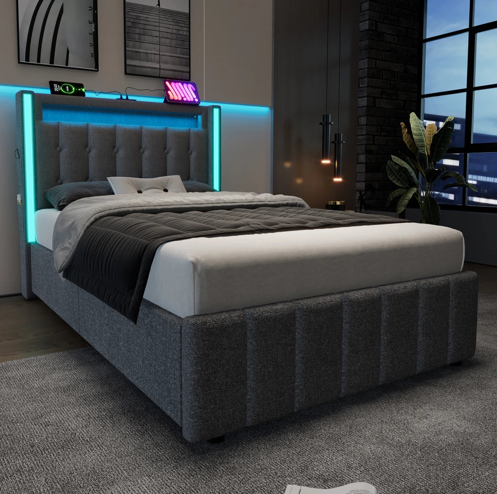 Letto singolo 90x200 cm con USB Type-C; LED e 2 cassetti; lino grigio