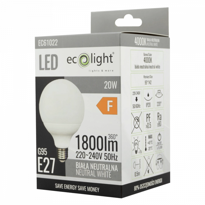 Lampadina LED globo G95 E27 20W 4000K 1800lm Ecolight